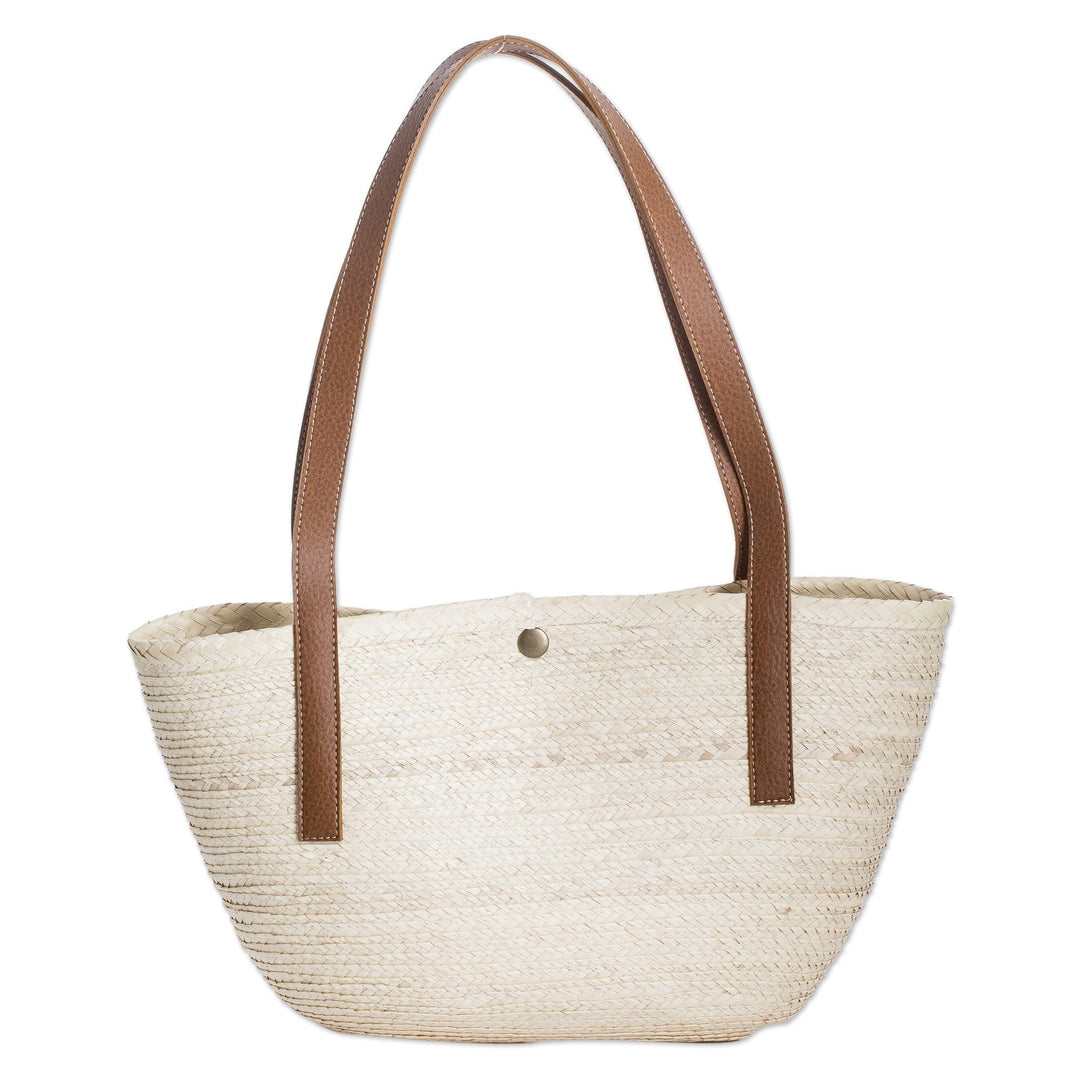 Handmade Natural Fiber Shoulder Bag with Faux Leather Straps - Sun & Sea