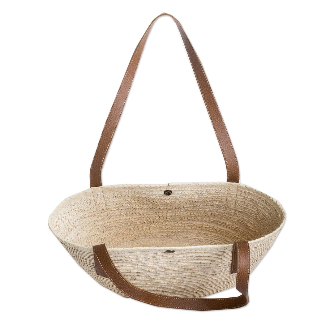 Handmade Natural Fiber Shoulder Bag with Faux Leather Straps - Sun & Sea