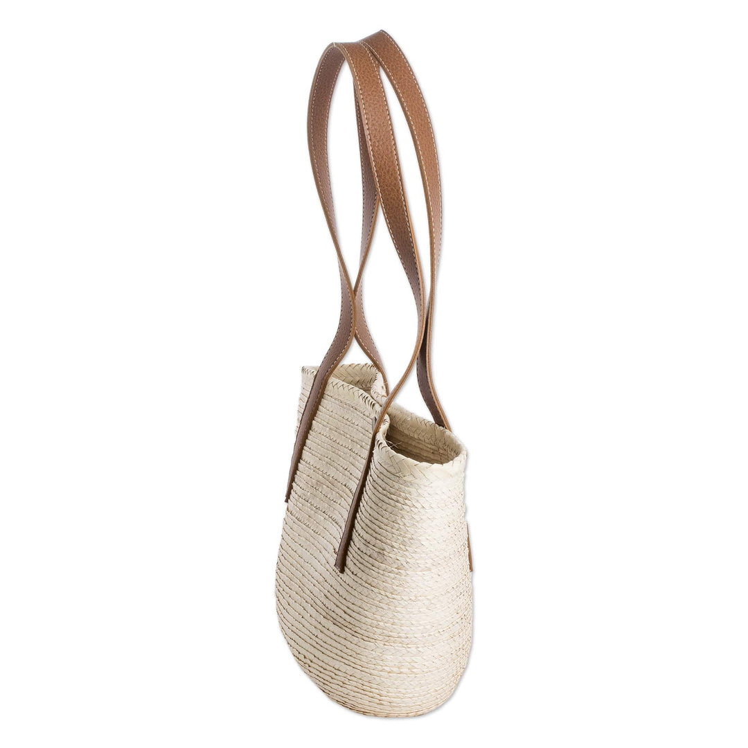 Handmade Natural Fiber Shoulder Bag with Faux Leather Straps - Sun & Sea
