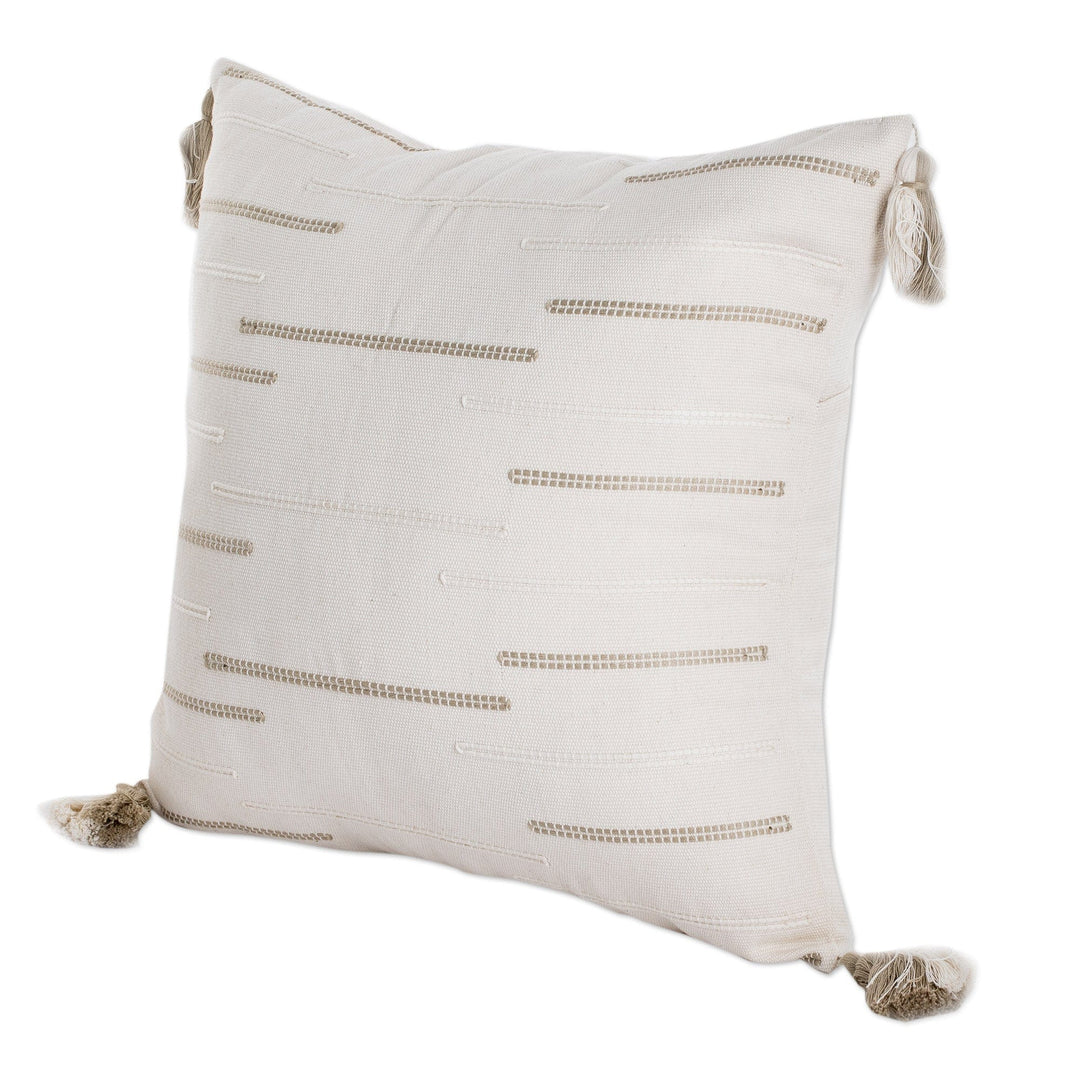 Modern Embroidered Ivory Cotton Cushion Cover with Tassels - Forest Glades