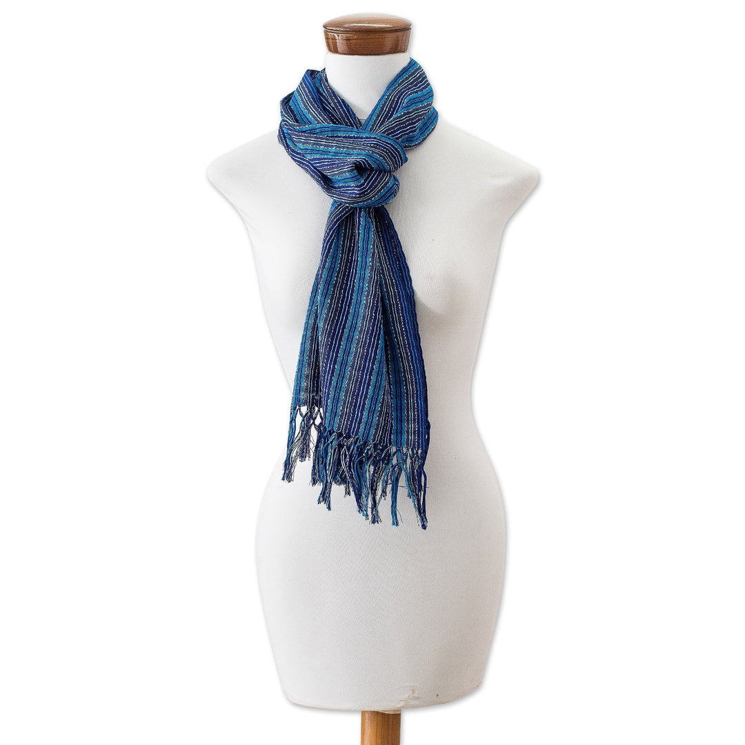 Handwoven Cotton Scarf with Fringes and Stripes in Blue Hues - Blue Cascade