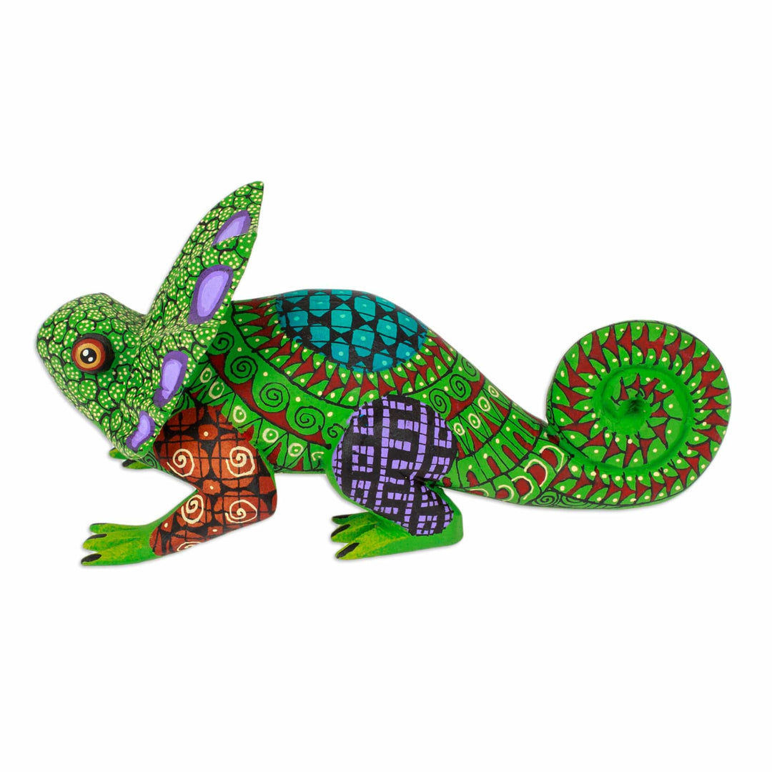 Hand-Painted Green Copal Wood Chameleon Alebrije Figurine - Chameleonic Green