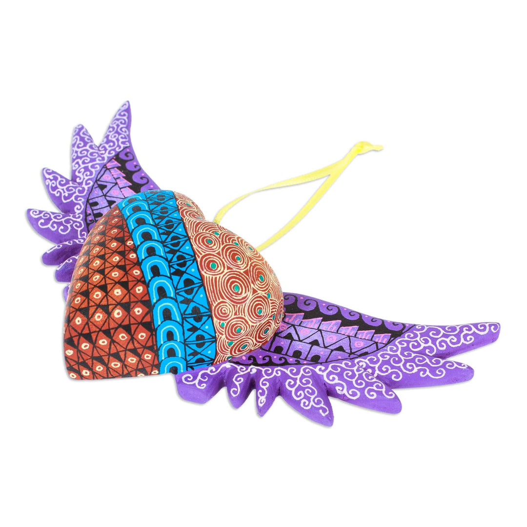 Hand-Painted Copal Wood Winged Heart Ornament in Purple - Purple Wings of the Heart