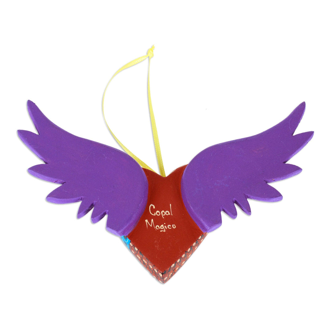 Hand-Painted Copal Wood Winged Heart Ornament in Purple - Purple Wings of the Heart