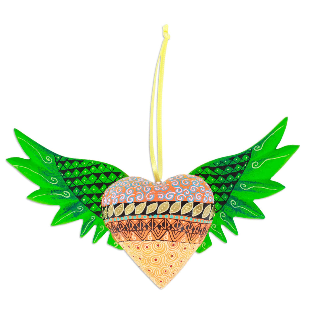 Hand-Painted Copal Wood Winged Heart Ornament in Green - Green Wings of the Heart
