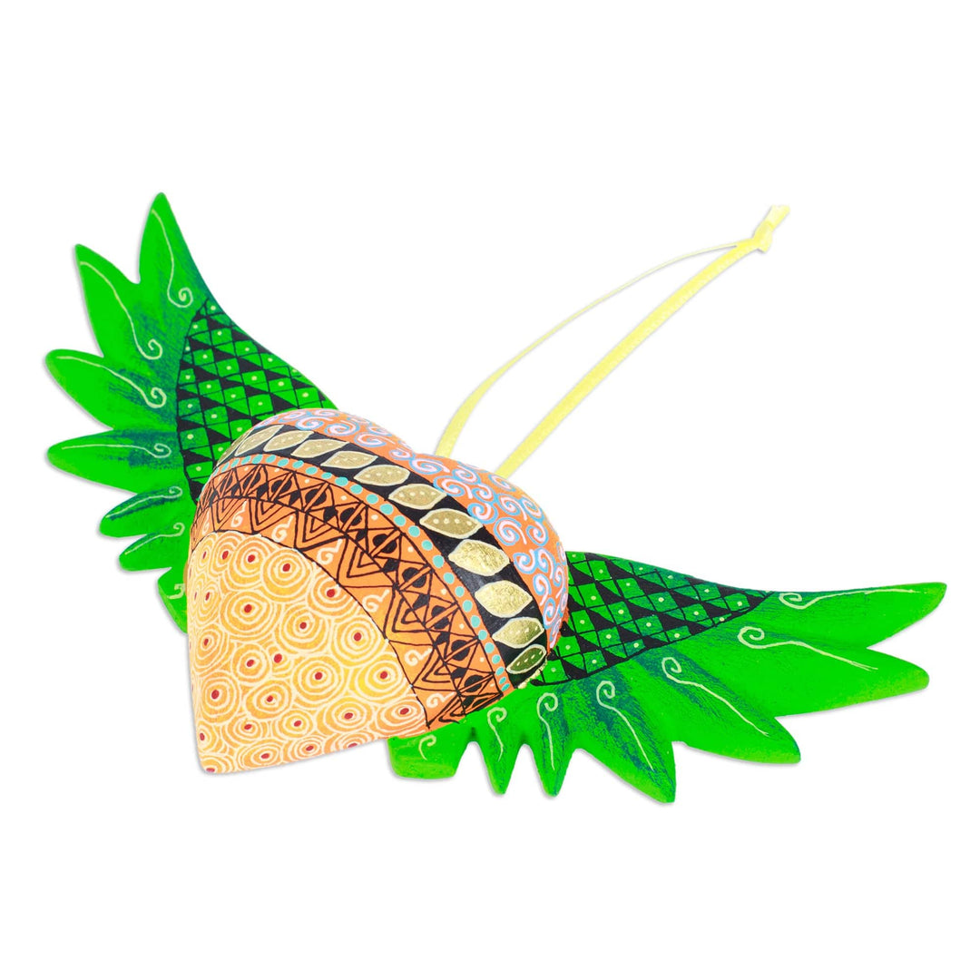 Hand-Painted Copal Wood Winged Heart Ornament in Green - Green Wings of the Heart