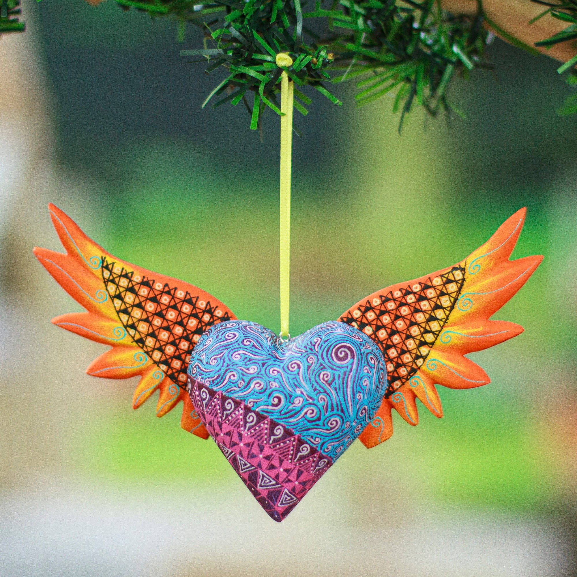 4 Zapotec Hand Painted Blue Wood Heart Ornaments, 'Blue Zapotec Heart