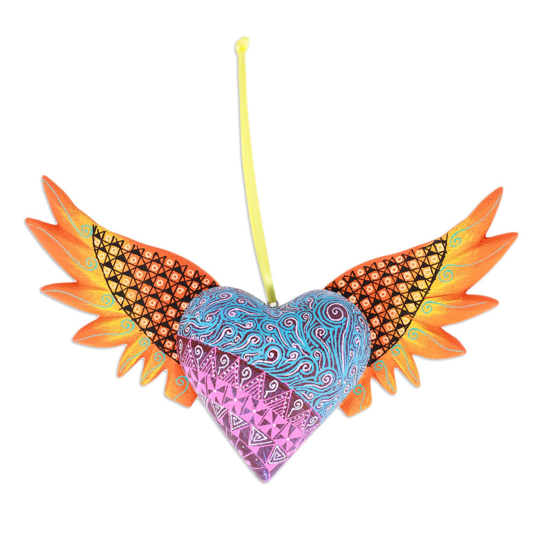 Hand-Painted Copal Wood Winged Heart Ornament in Orange - Orange Wings of the Heart