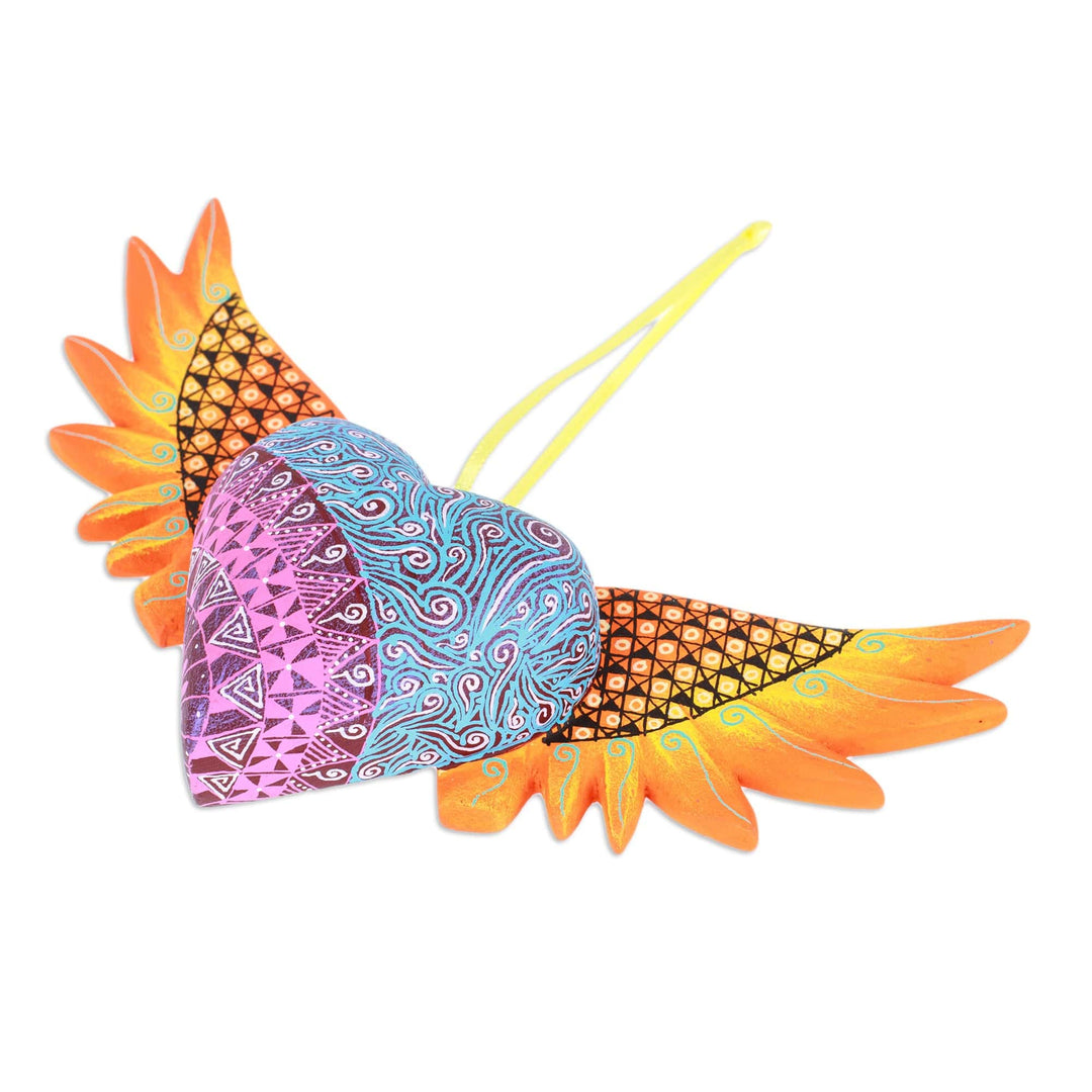 Hand-Painted Copal Wood Winged Heart Ornament in Orange - Orange Wings of the Heart