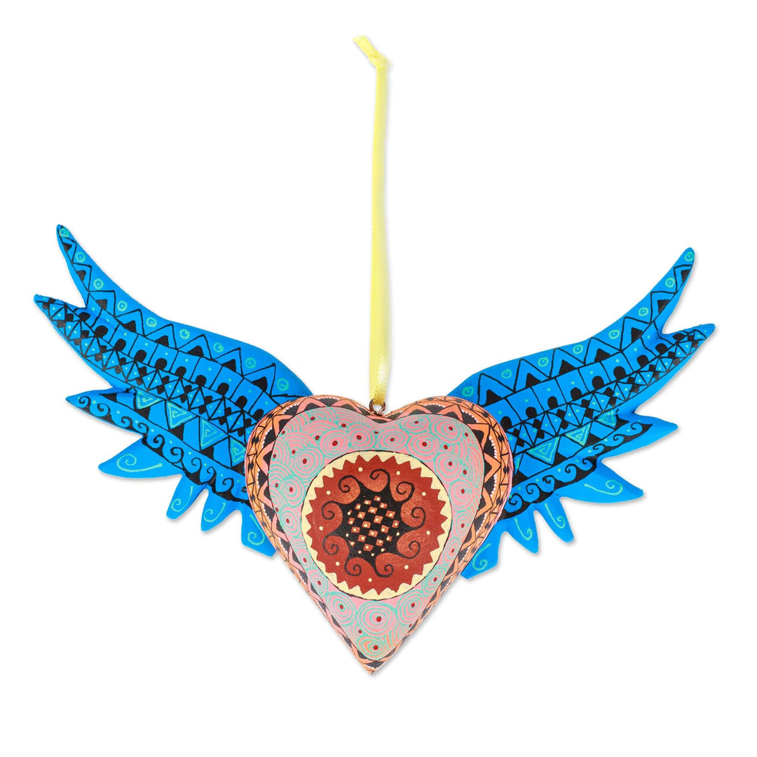 Hand-Painted Copal Wood Winged Heart Ornament in Cyan - Cyan Wings of the Heart
