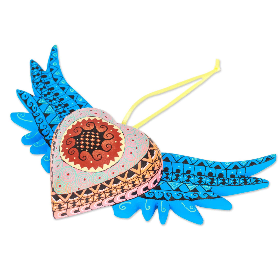 Hand-Painted Copal Wood Winged Heart Ornament in Cyan - Cyan Wings of the Heart