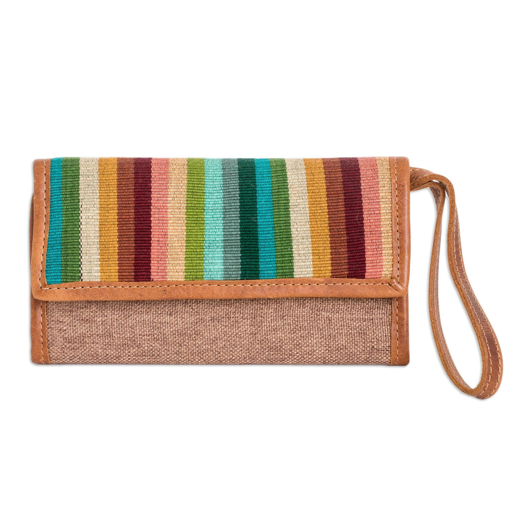 Handcrafted Tan Leather Wristlet with Striped Cotton Textile - Tropical Tan
