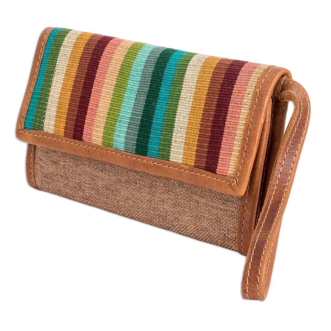 Handcrafted Tan Leather Wristlet with Striped Cotton Textile - Tropical Tan