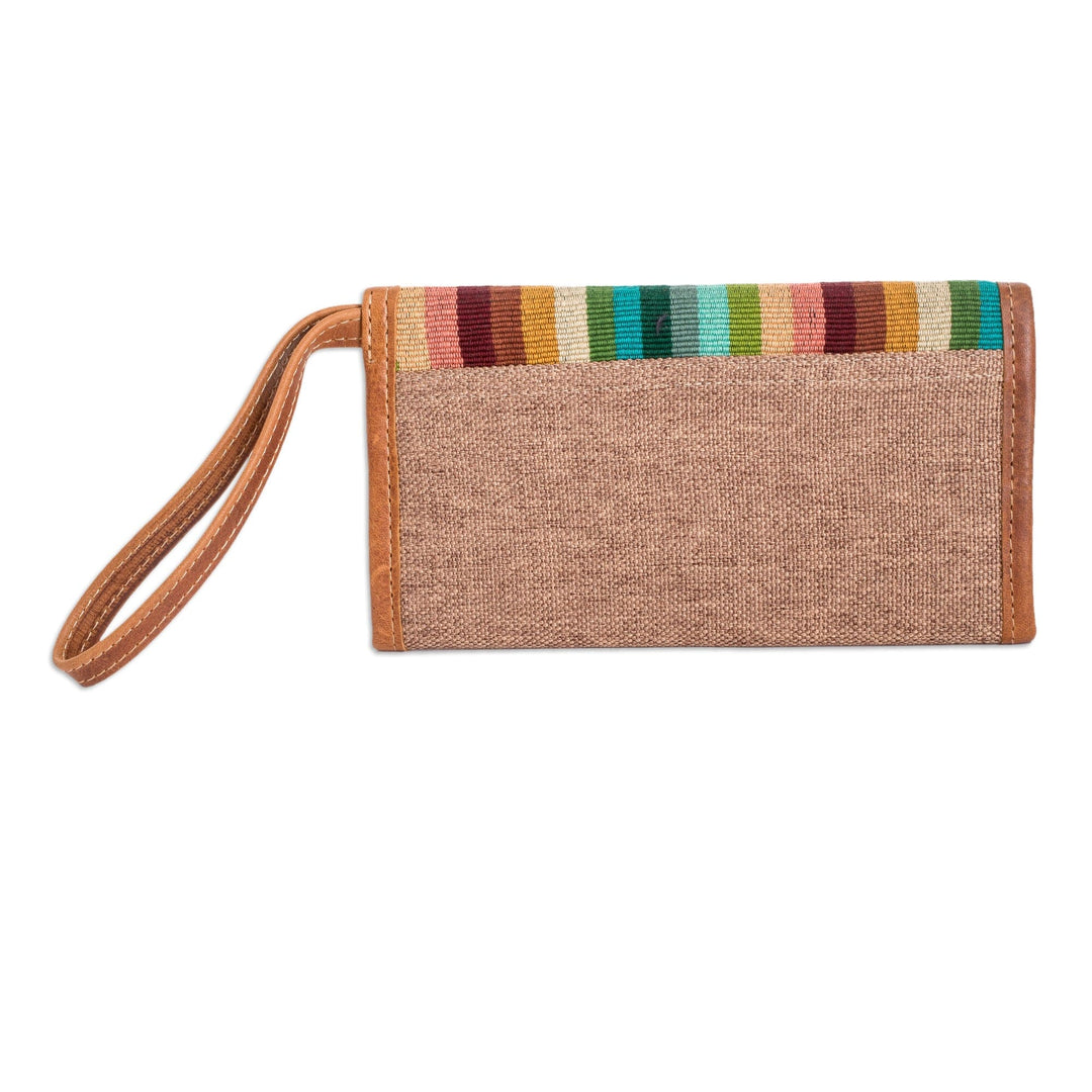 Handcrafted Tan Leather Wristlet with Striped Cotton Textile - Tropical Tan
