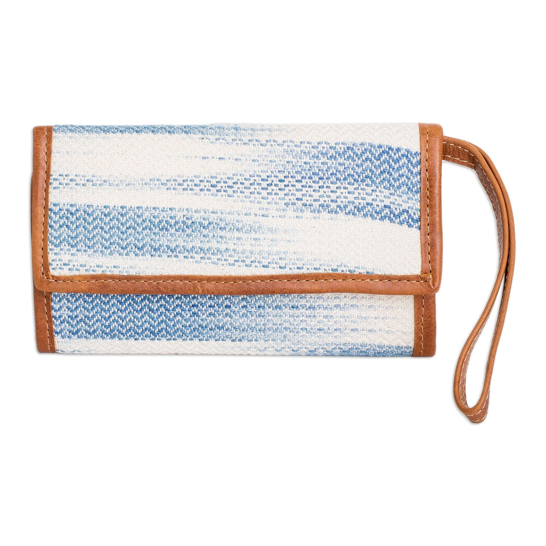 Blue & Ivory Hand-Woven Cotton Wristlet with Leather Accents - Colors of Tradition in Blue