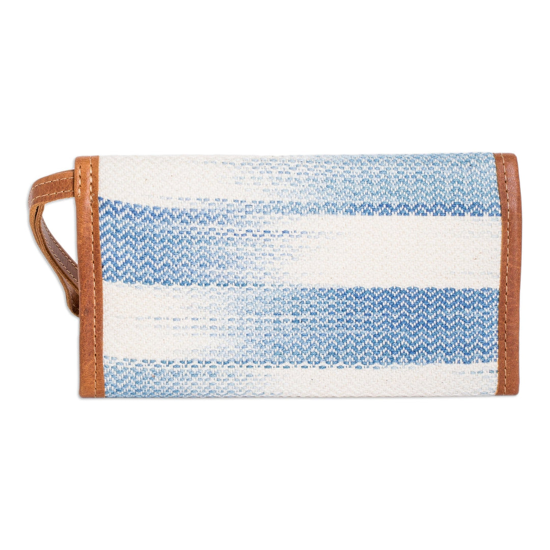 Blue & Ivory Hand-Woven Cotton Wristlet with Leather Accents - Colors of Tradition in Blue