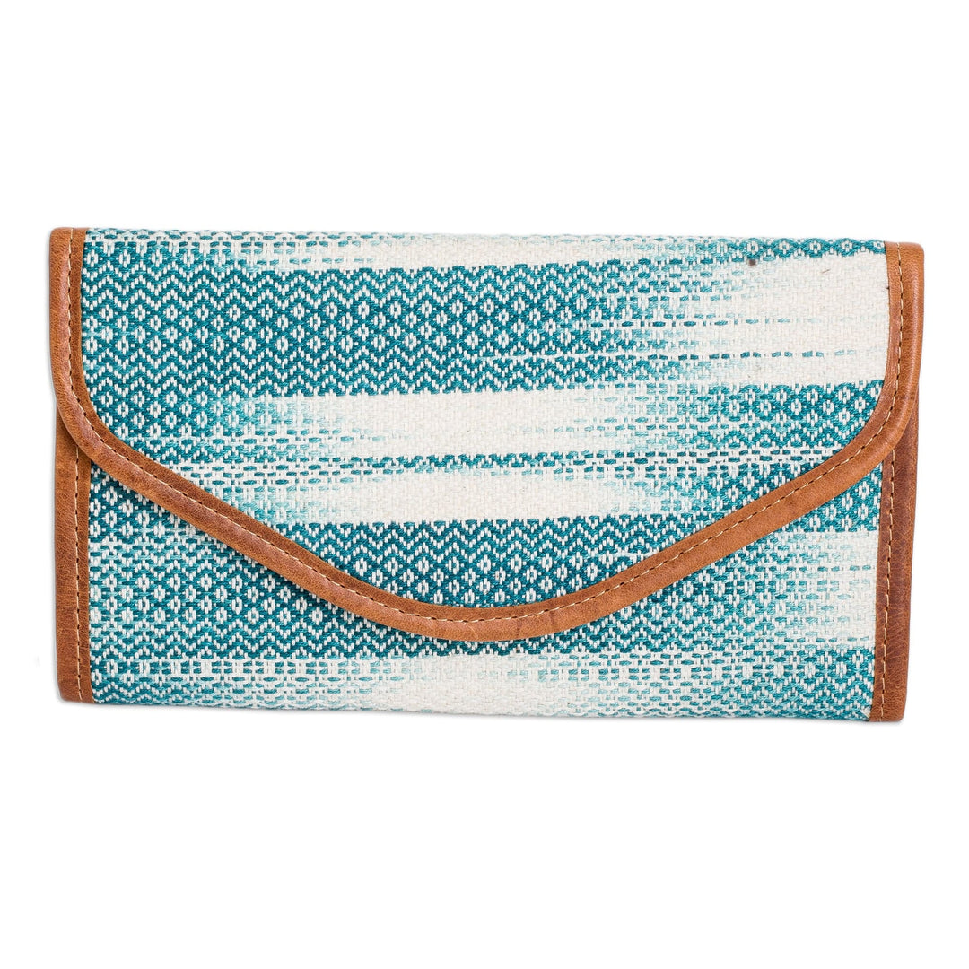 Teal and White Hand-Woven Cotton Wallet with Leather Trim - Colors of Tradition in Teal