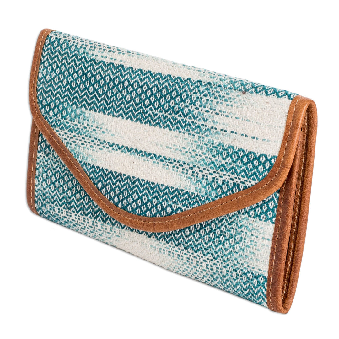 Teal and White Hand-Woven Cotton Wallet with Leather Trim - Colors of Tradition in Teal