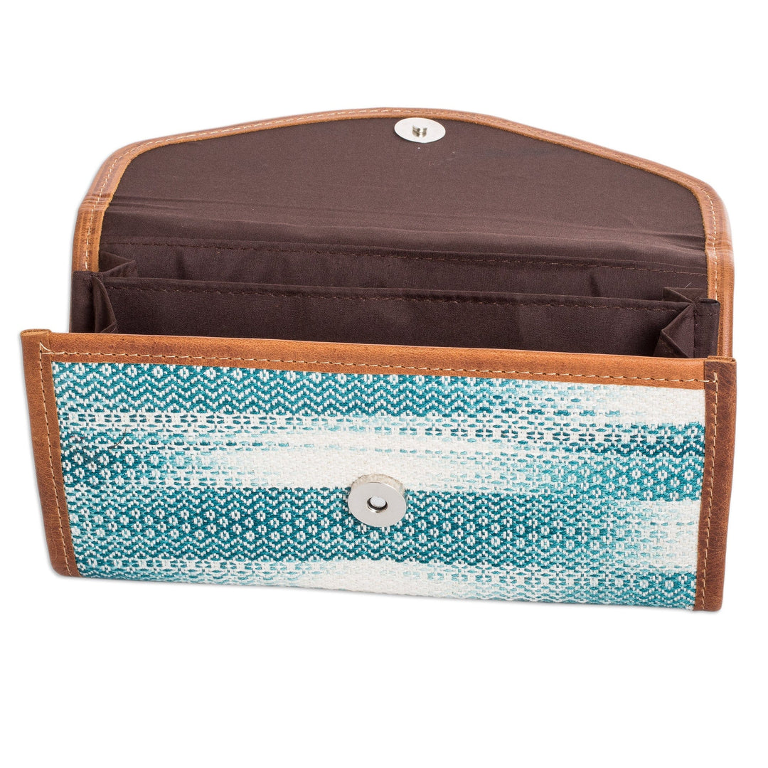 Teal and White Hand-Woven Cotton Wallet with Leather Trim - Colors of Tradition in Teal