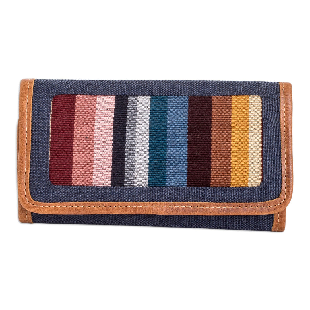 Handwoven Cotton Wallet with Leather Trim & Colorful Stripes - Ethereal Blue