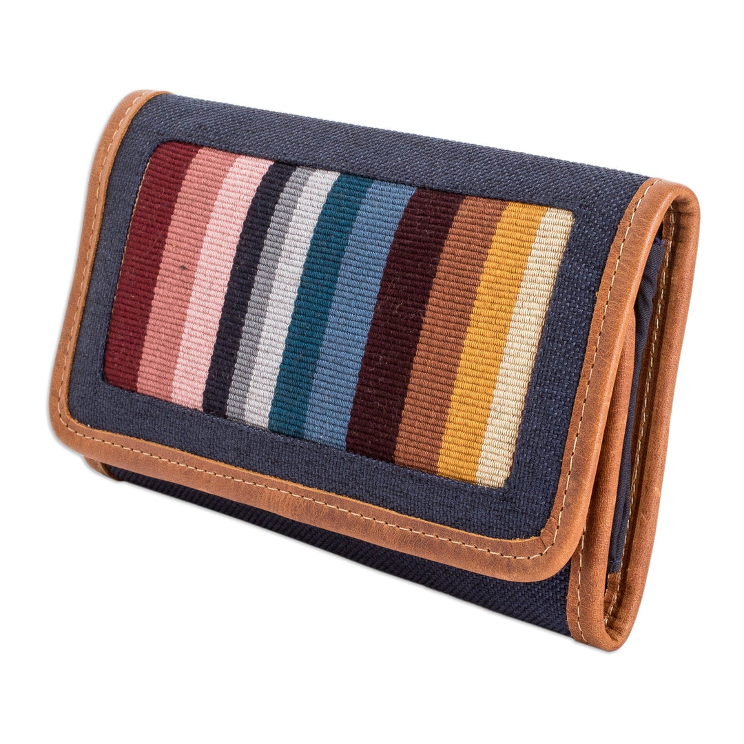 Handwoven Cotton Wallet with Leather Trim & Colorful Stripes - Ethereal Blue