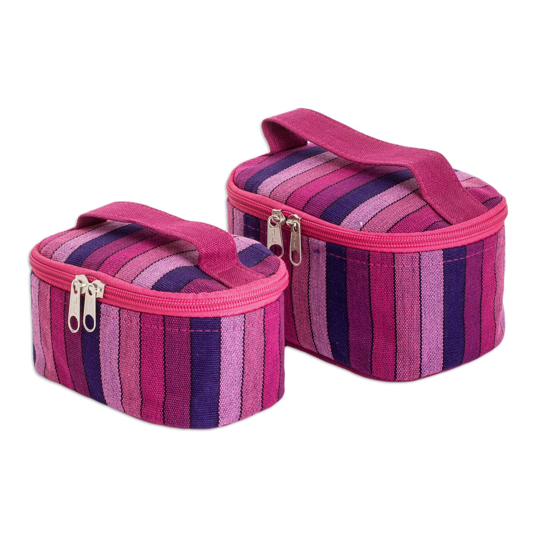 Set of 2 Magenta and Purple Striped Cotton Cosmetic Bags - Magenta Styles