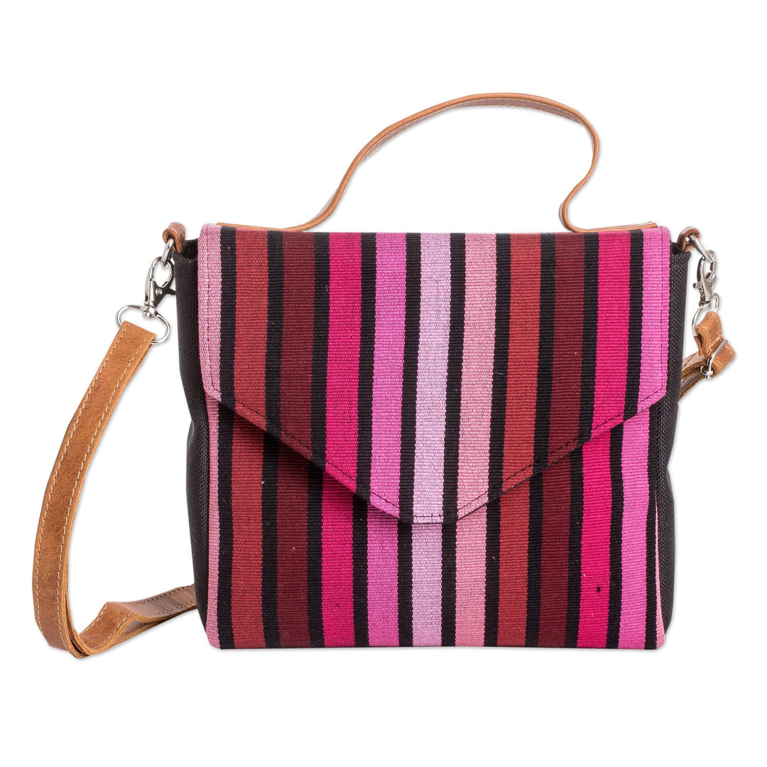 Leather-Accented Striped Cotton Sling Bag in Pink and Red - Carnation Fate