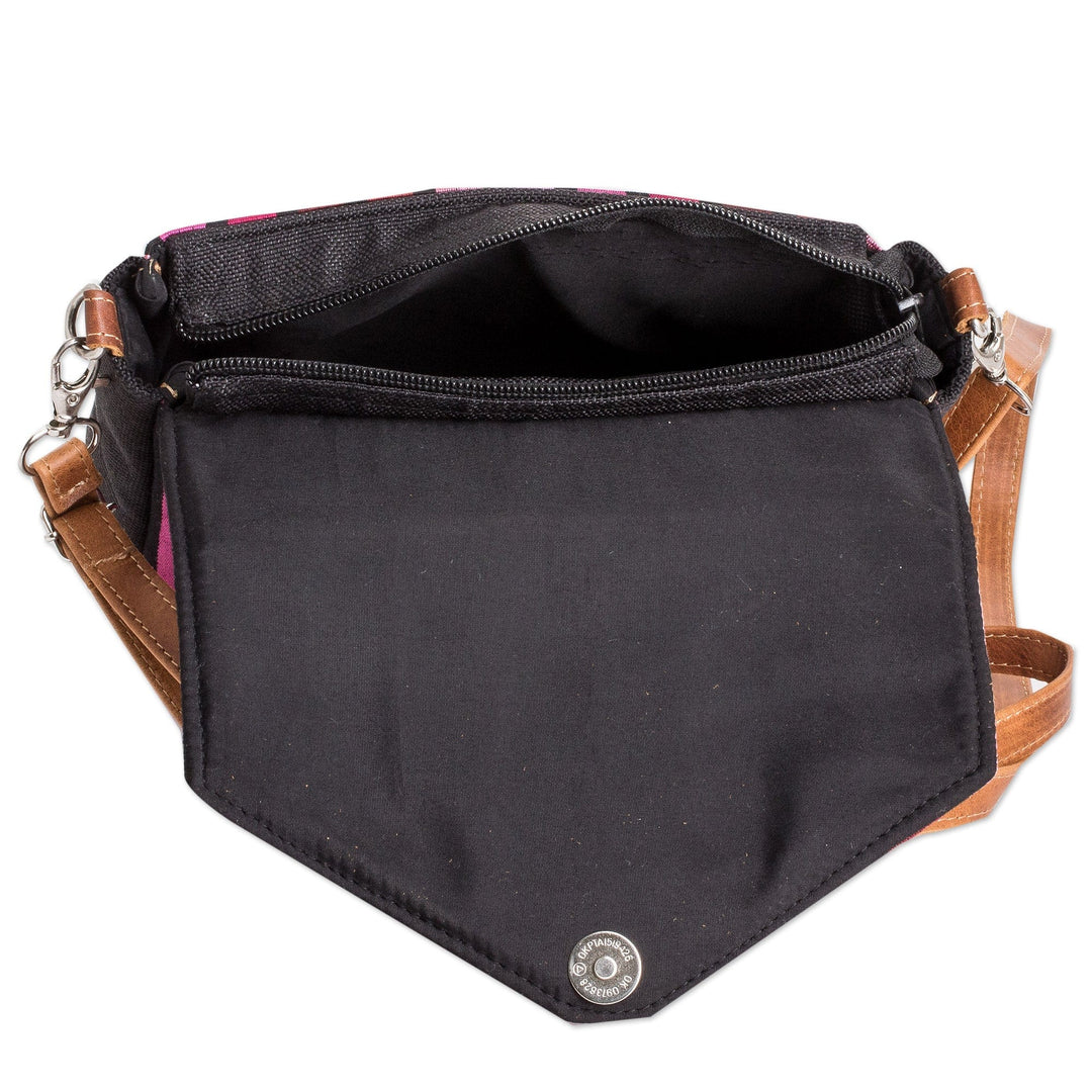 Leather-Accented Striped Cotton Sling Bag in Pink and Red - Carnation Fate