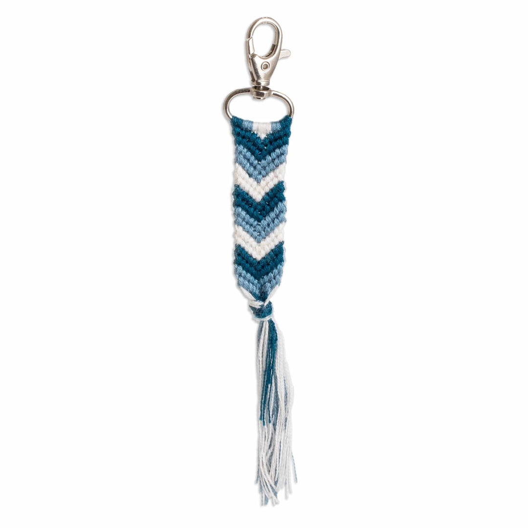 Blue & White Macrame Keychain & Bag Charm with Chevron Motif - Silhouettes in the Sea