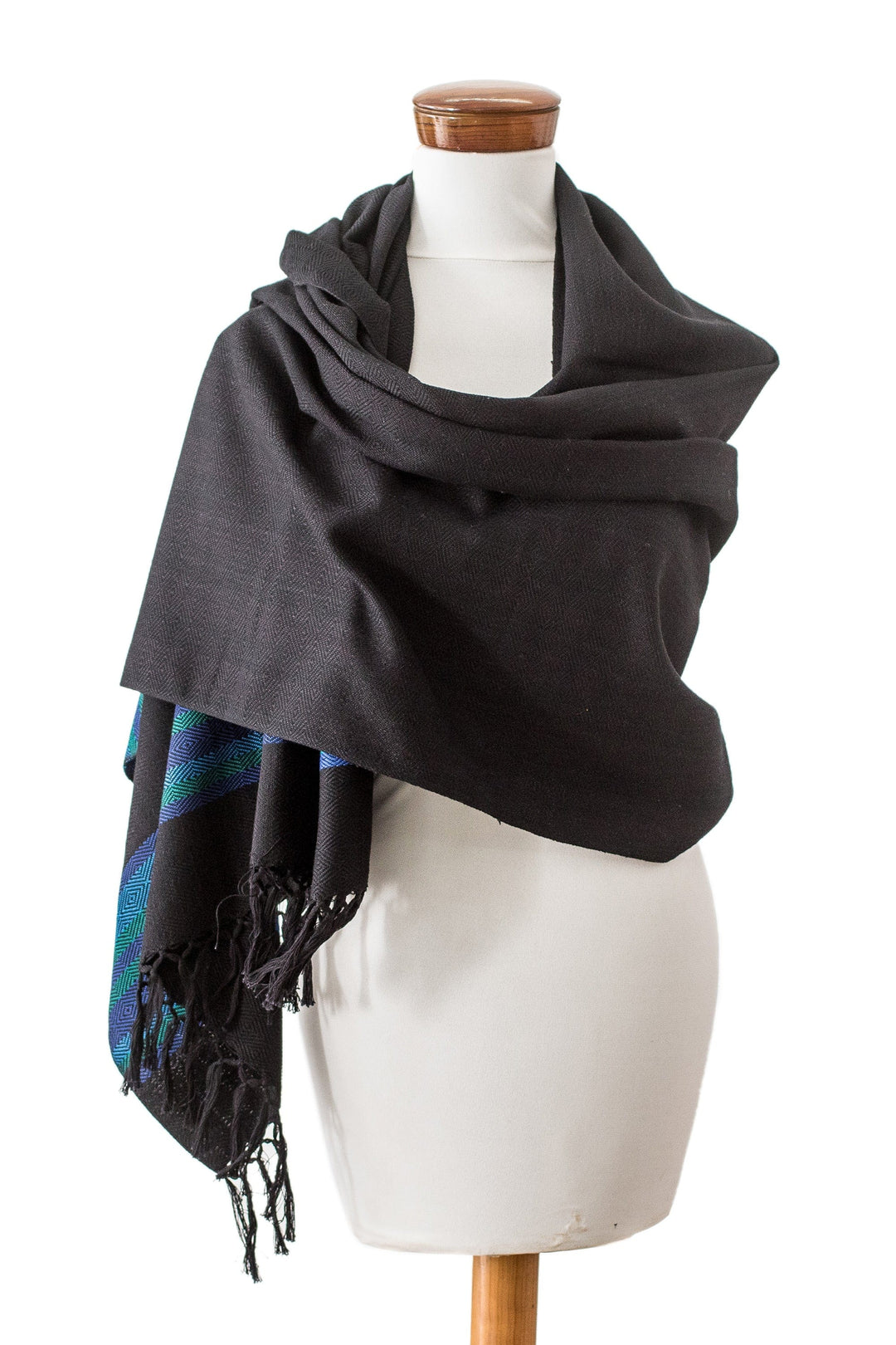 Handloomed Black Cotton Shawl with Blue Stripes and Fringes - Mystic Twilight