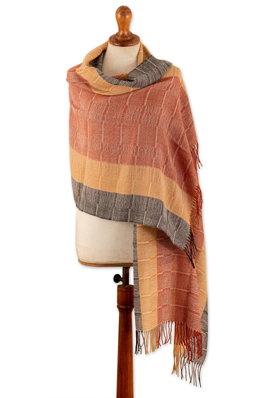 Hand-Woven Striped Orange and Yellow 100% Baby Alpaca Shawl - Deserts