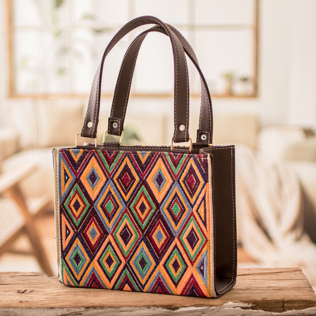 Faux Leather-Accented Diamond-Patterned Cotton Handbag - Cultural Goddess