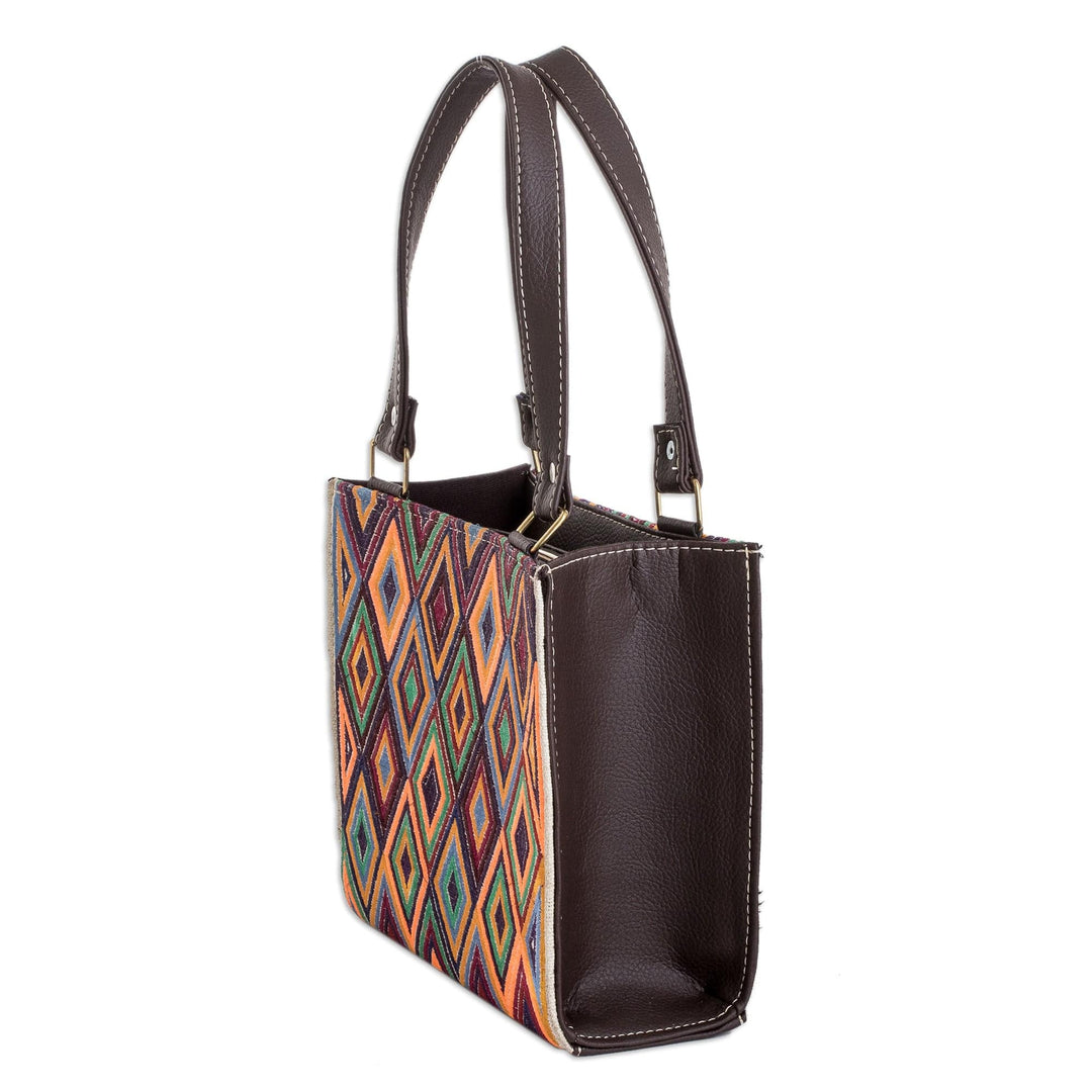 Faux Leather-Accented Diamond-Patterned Cotton Handbag - Cultural Goddess