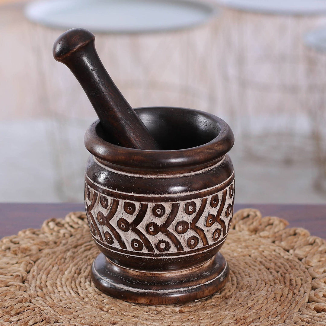 Wood Mortar & Pestle with Burnt and Distressed Finishes - Creative Elegance