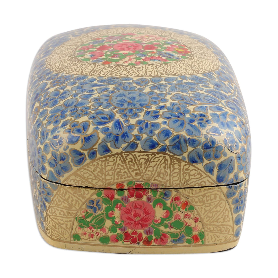 Hand-Painted Floral-Themed Wood Papier Mache Decorative Box - Blue Kashmir