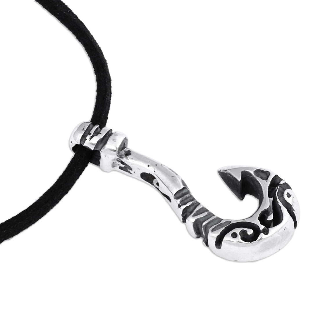 Men's Sterling Silver and Faux Leather Hook Pendant Necklace - Ancient Hook