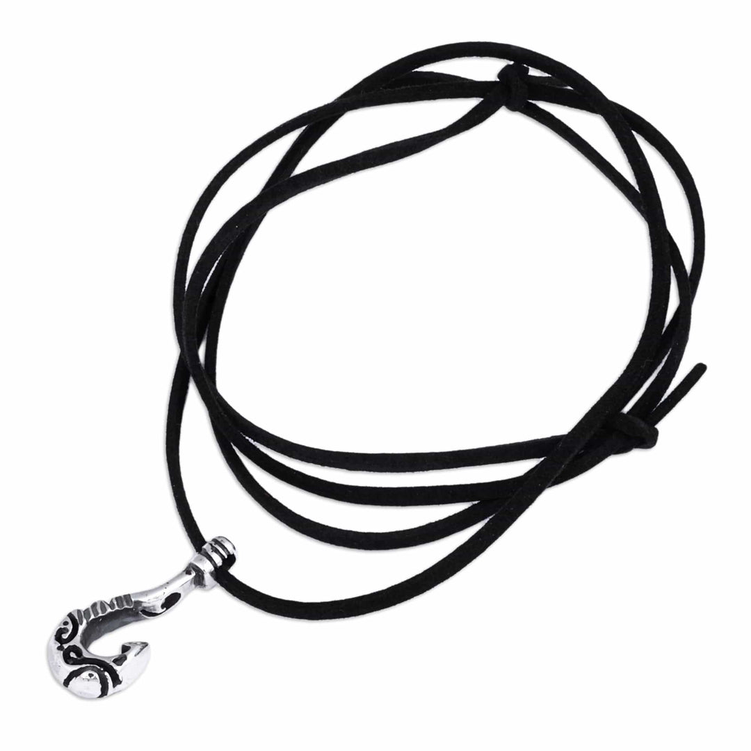Men's Sterling Silver and Faux Leather Hook Pendant Necklace - Ancient Hook