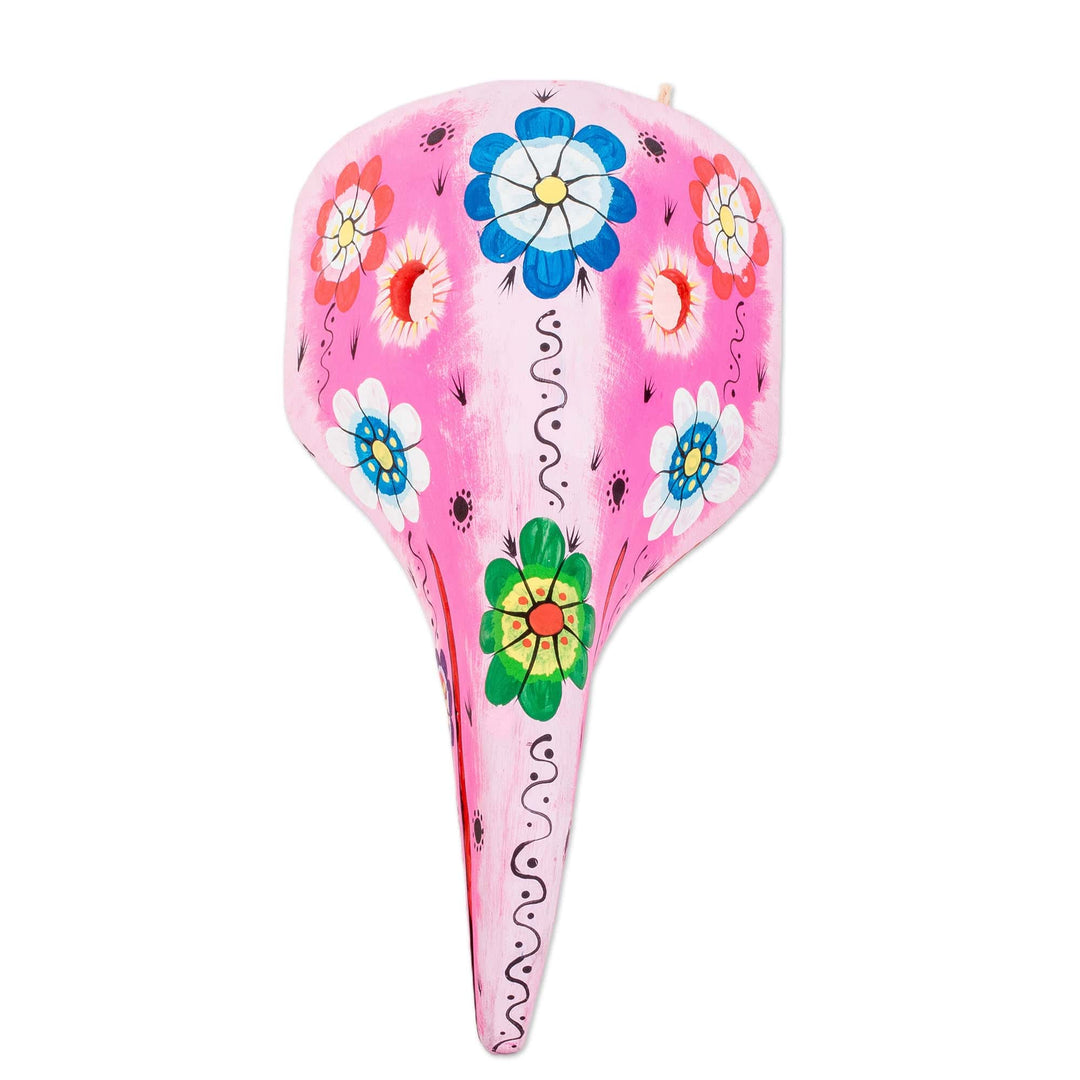 Hand-Painted Floral Pink and White Bird Pinewood Mask - Floral Flight
