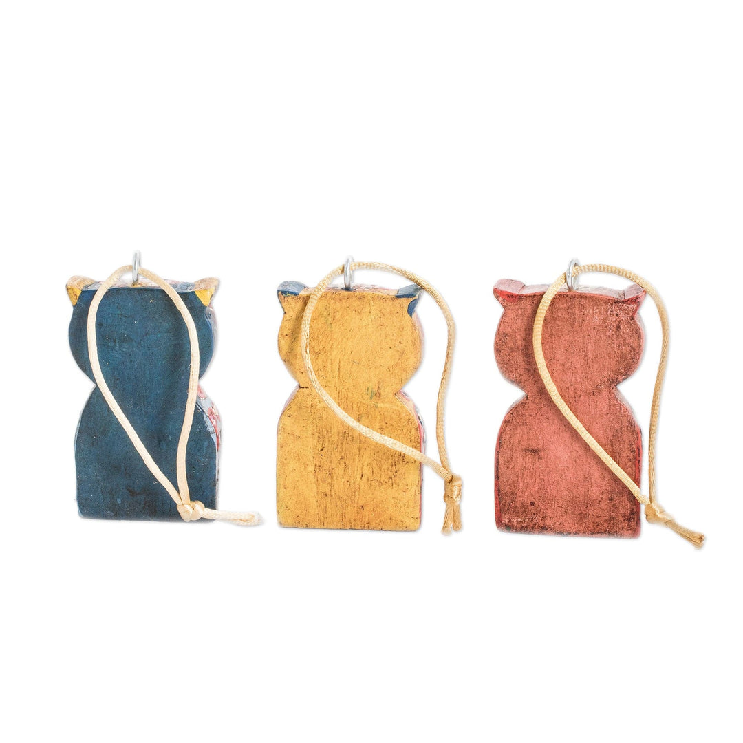 Handcrafted Pinewood Owl Ornaments from Guatemala (Set of 3) - Enchanting Owls