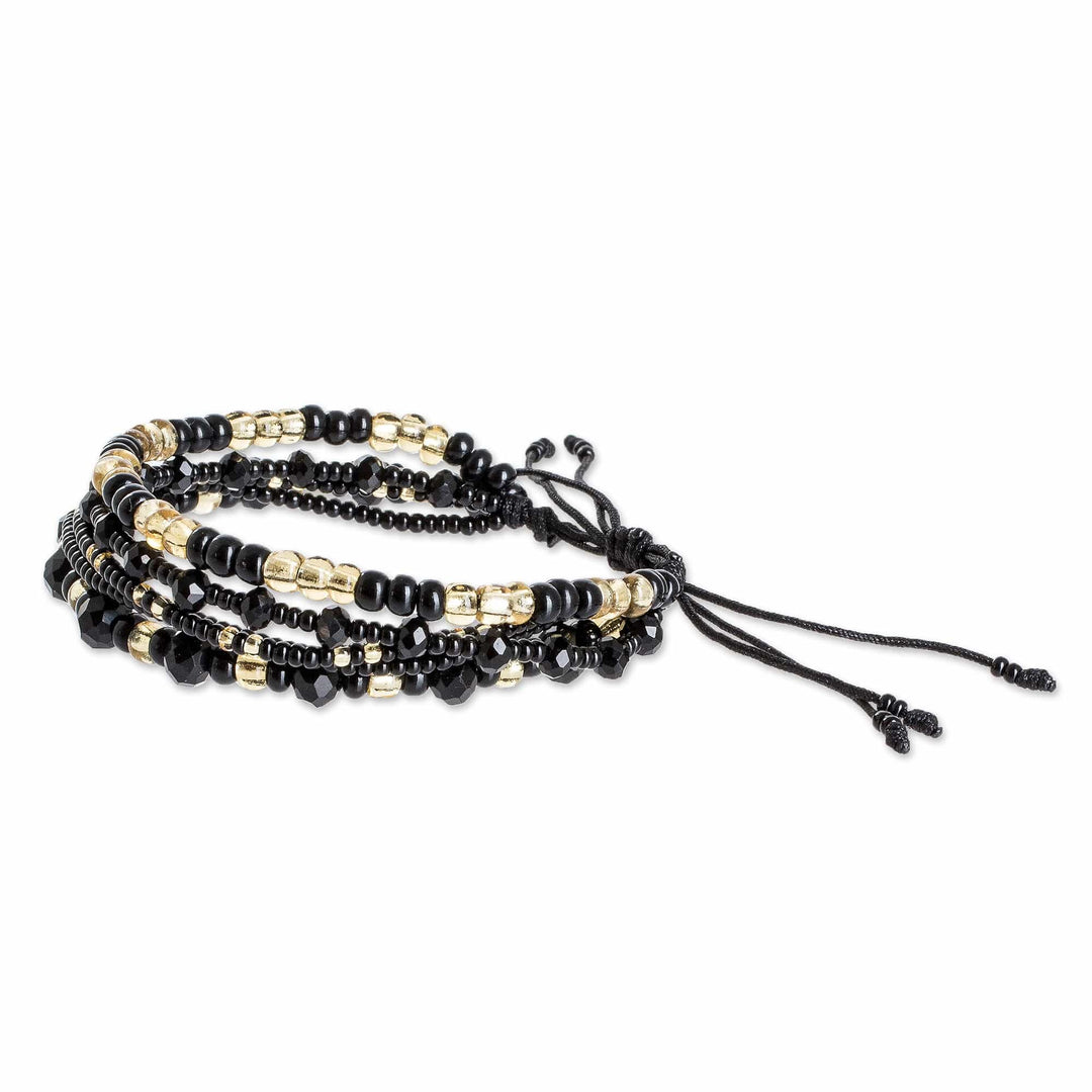 Black and Gold Handmade Multi-Strand Glass Beaded Bracelet - Sophisticated Radiance