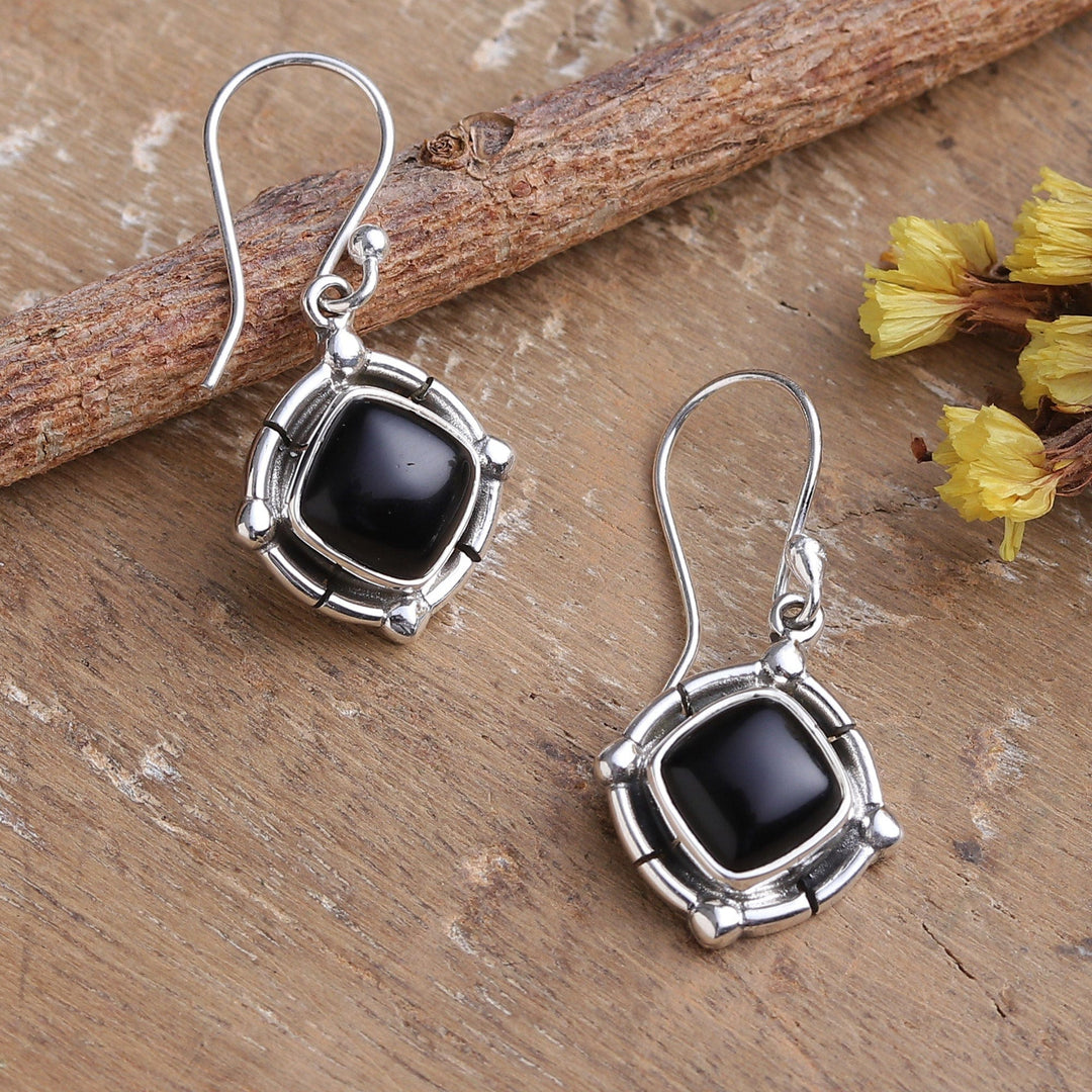 Polished Diamond-Shaped Onyx Cabochon Dangle Earrings - Nocturnal Affair