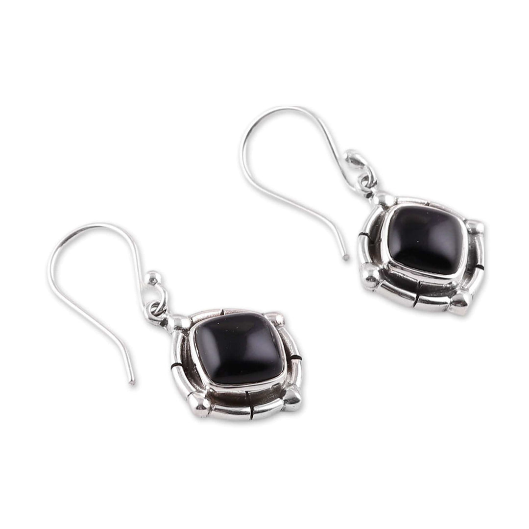 Polished Diamond-Shaped Onyx Cabochon Dangle Earrings - Nocturnal Affair