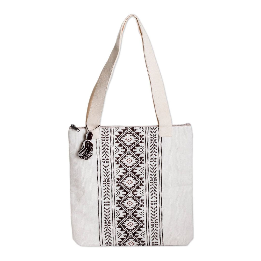 Traditional Patterned Zippered Ivory Cotton Tote Bag - Celestial Paths