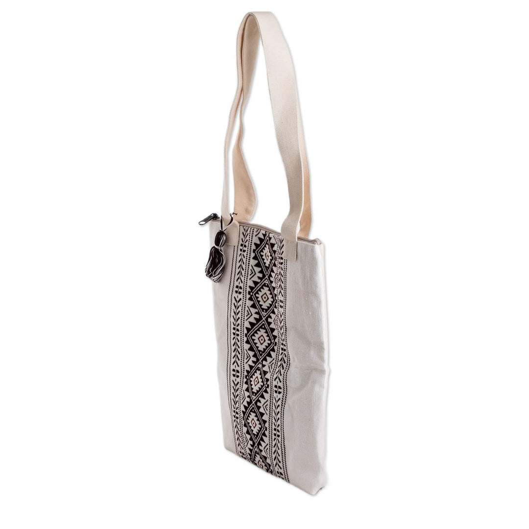 Traditional Patterned Zippered Ivory Cotton Tote Bag - Celestial Paths