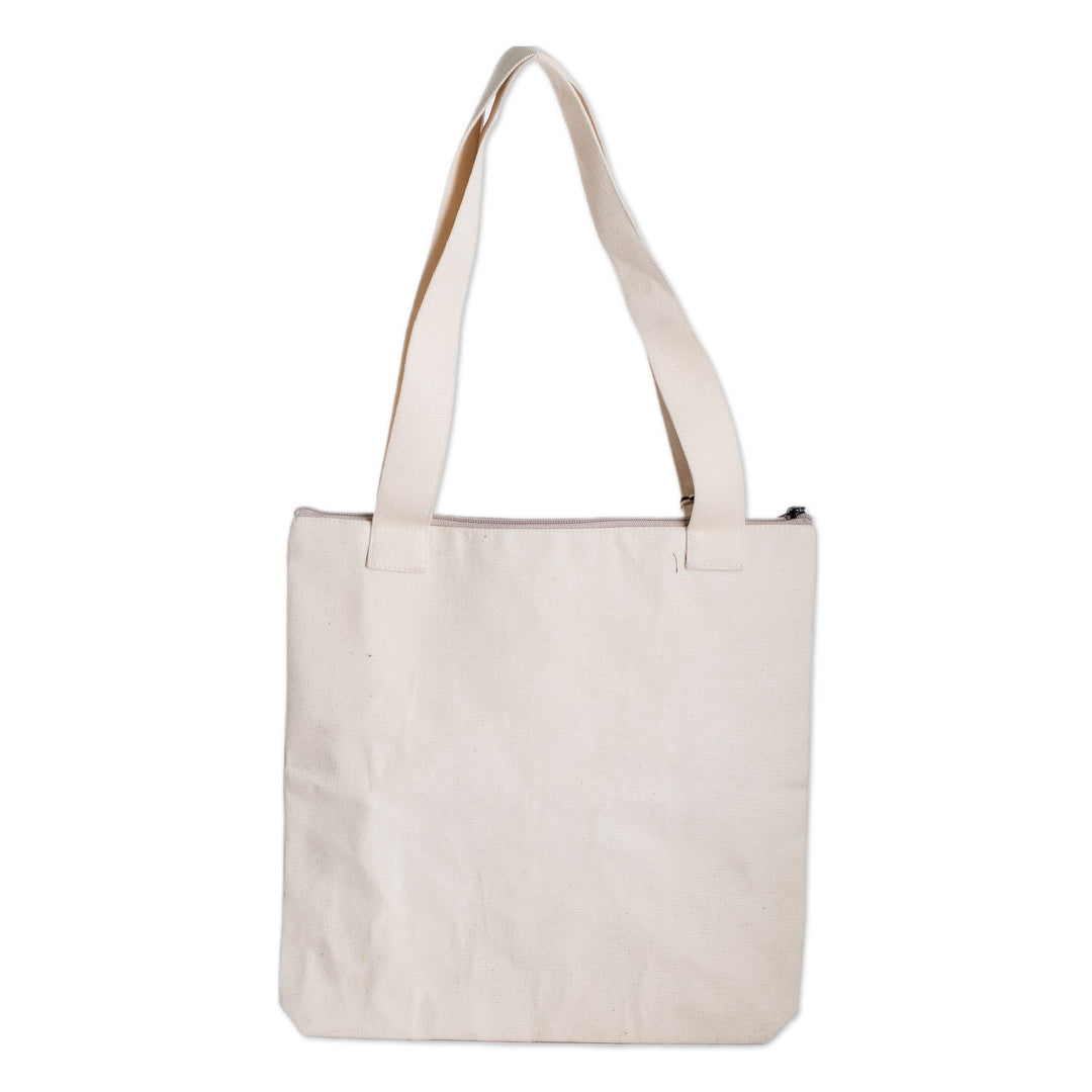 Traditional Patterned Zippered Ivory Cotton Tote Bag - Celestial Paths