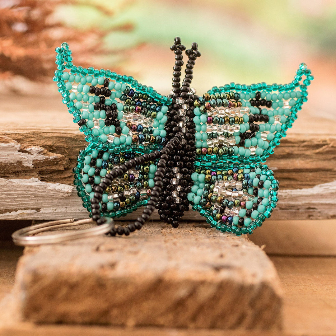 Handcrafted Green and Black Glass Beaded Butterfly Keychain - Vital Hopes