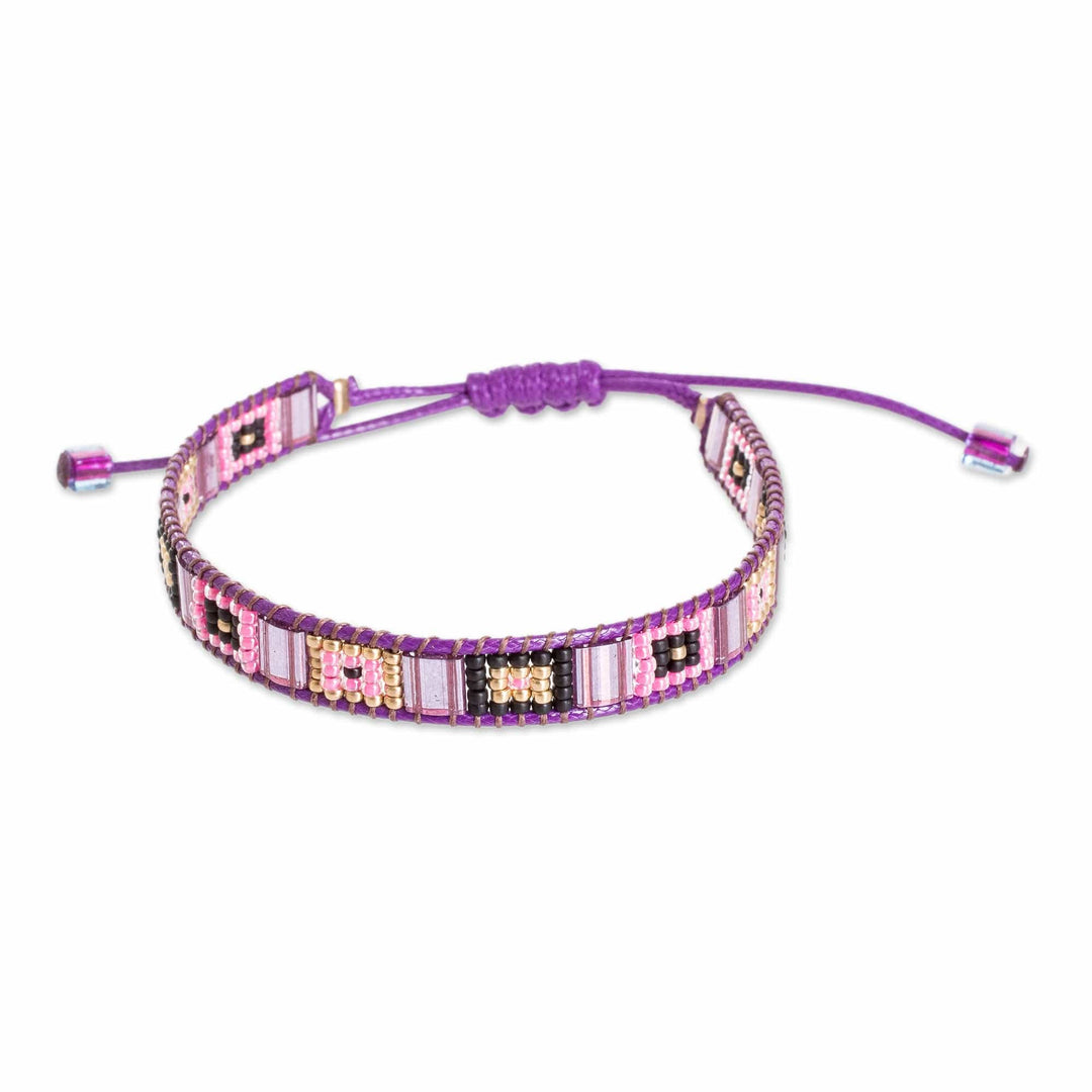 Handmade Purple and Pink Glass Beaded Wristband Bracelet - Geometric Delight