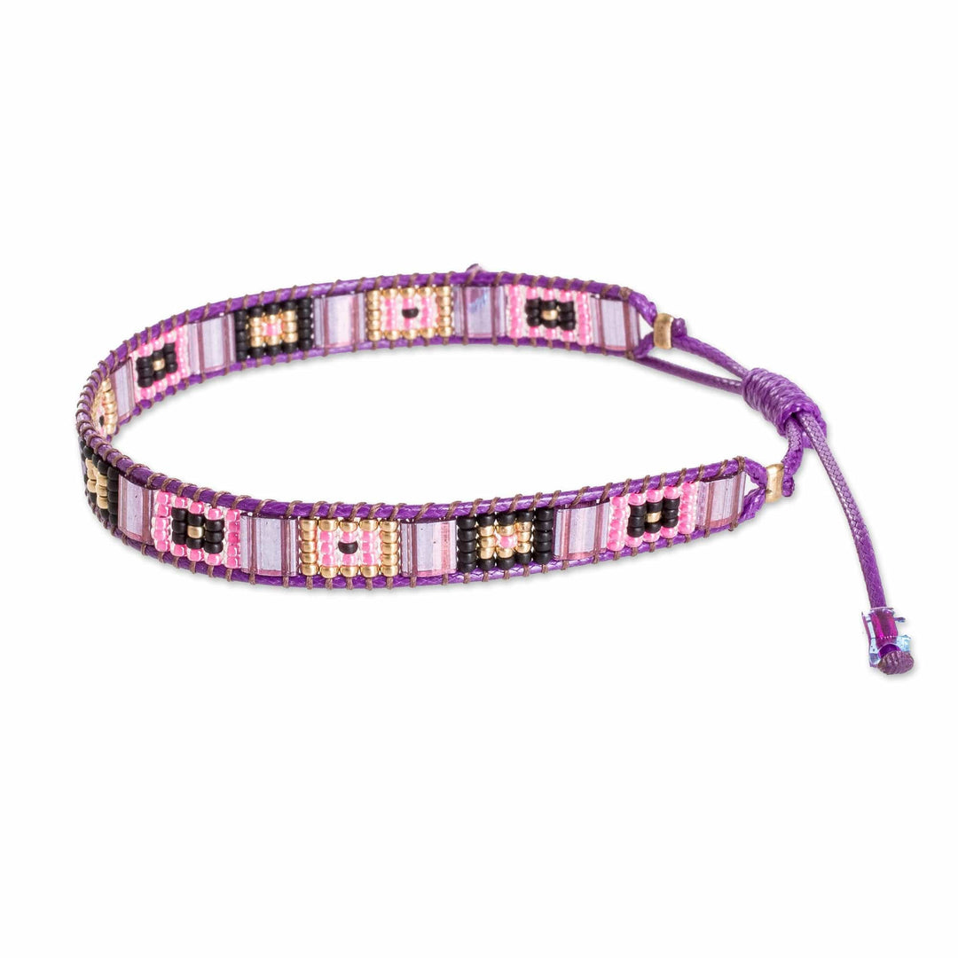 Handmade Purple and Pink Glass Beaded Wristband Bracelet - Geometric Delight