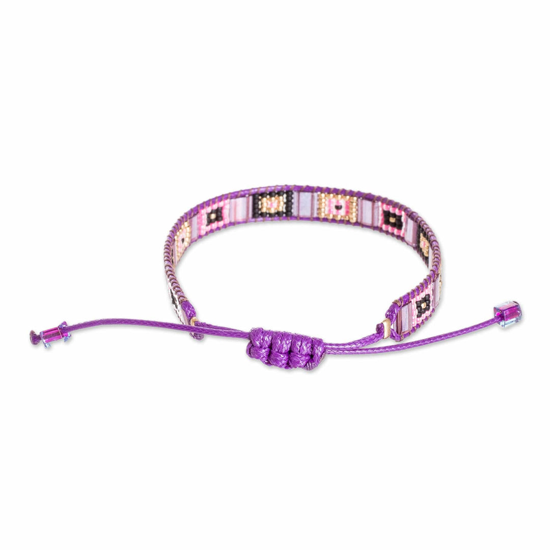 Handmade Purple and Pink Glass Beaded Wristband Bracelet - Geometric Delight