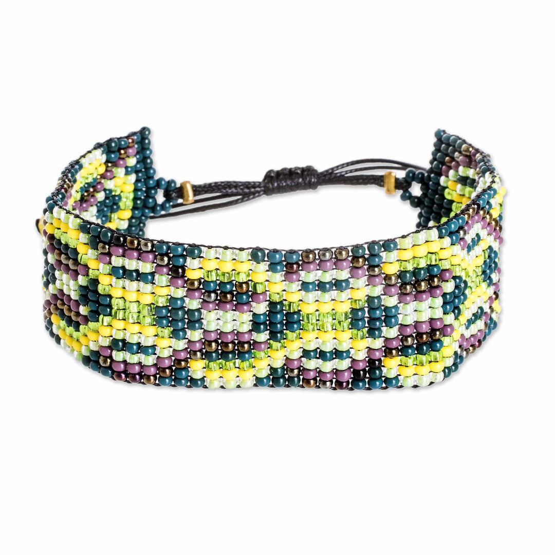 Green and Yellow Geometric Glass Beaded Wristband Bracelet - Fortune Geometry